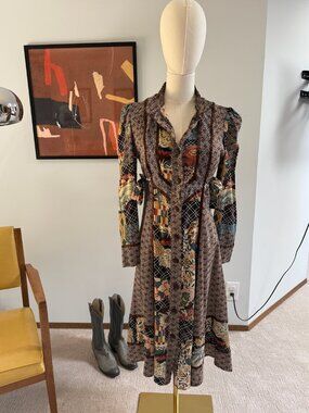 Vintage 70s Ragtime Brown Patchwork Batik Floral Print Puff Sleeve Dress Size XS